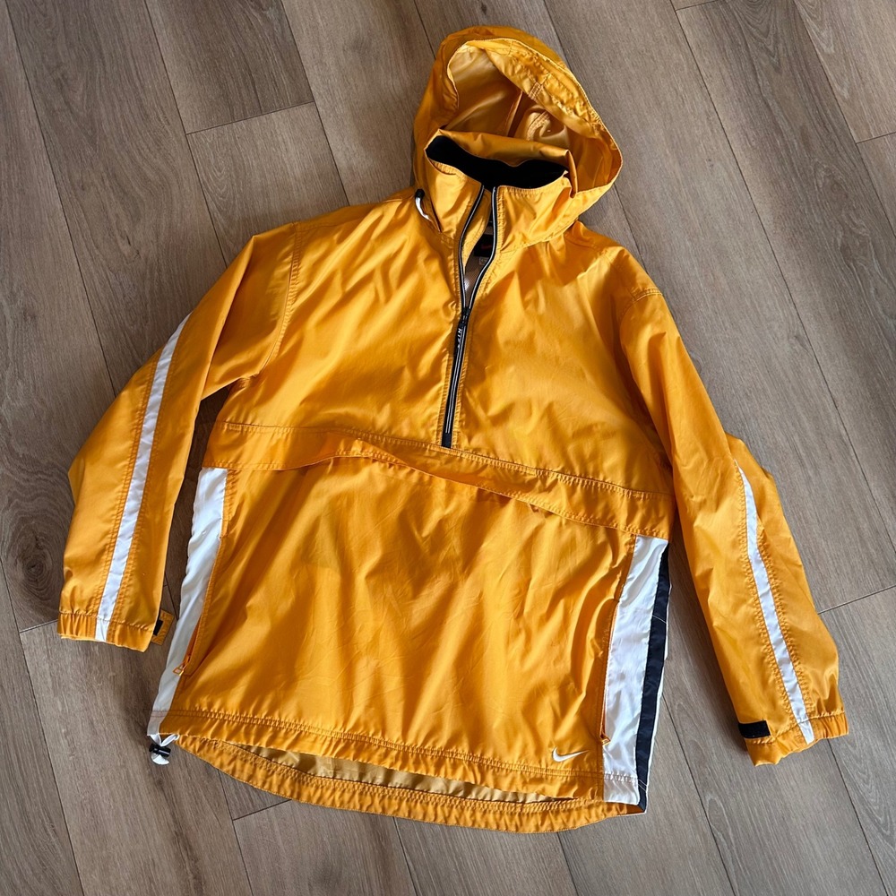 Nike Mens Half Zip Hooded Windbreaker Anorak Jacket Yellow White Stripe Large